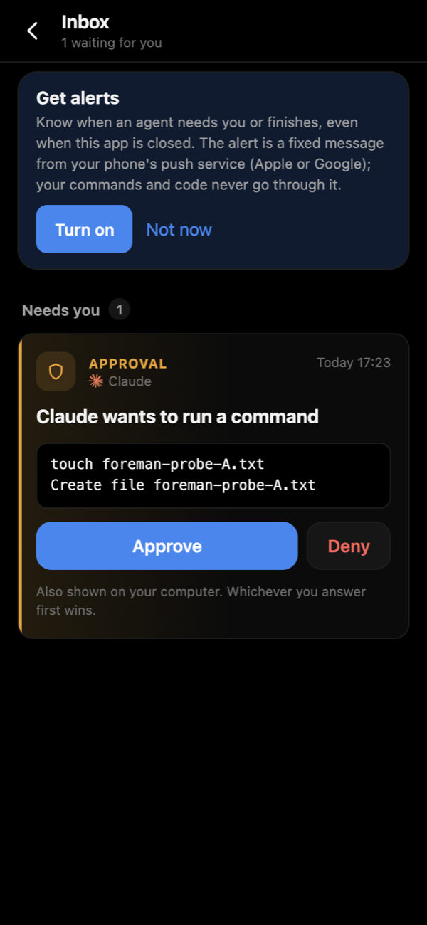 Brocoded showing a Codex approval with the exact command and Approve and Deny buttons