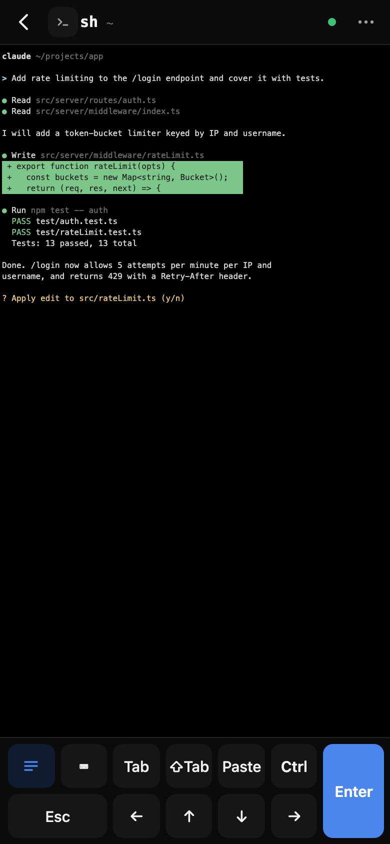 Brocoded showing a live Claude Code terminal on a phone